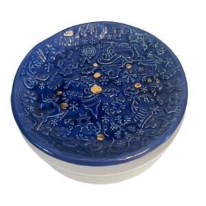 Snowflakes, Reindeer, Santa & Christmas Trees Pottery Ring Dish in Blue